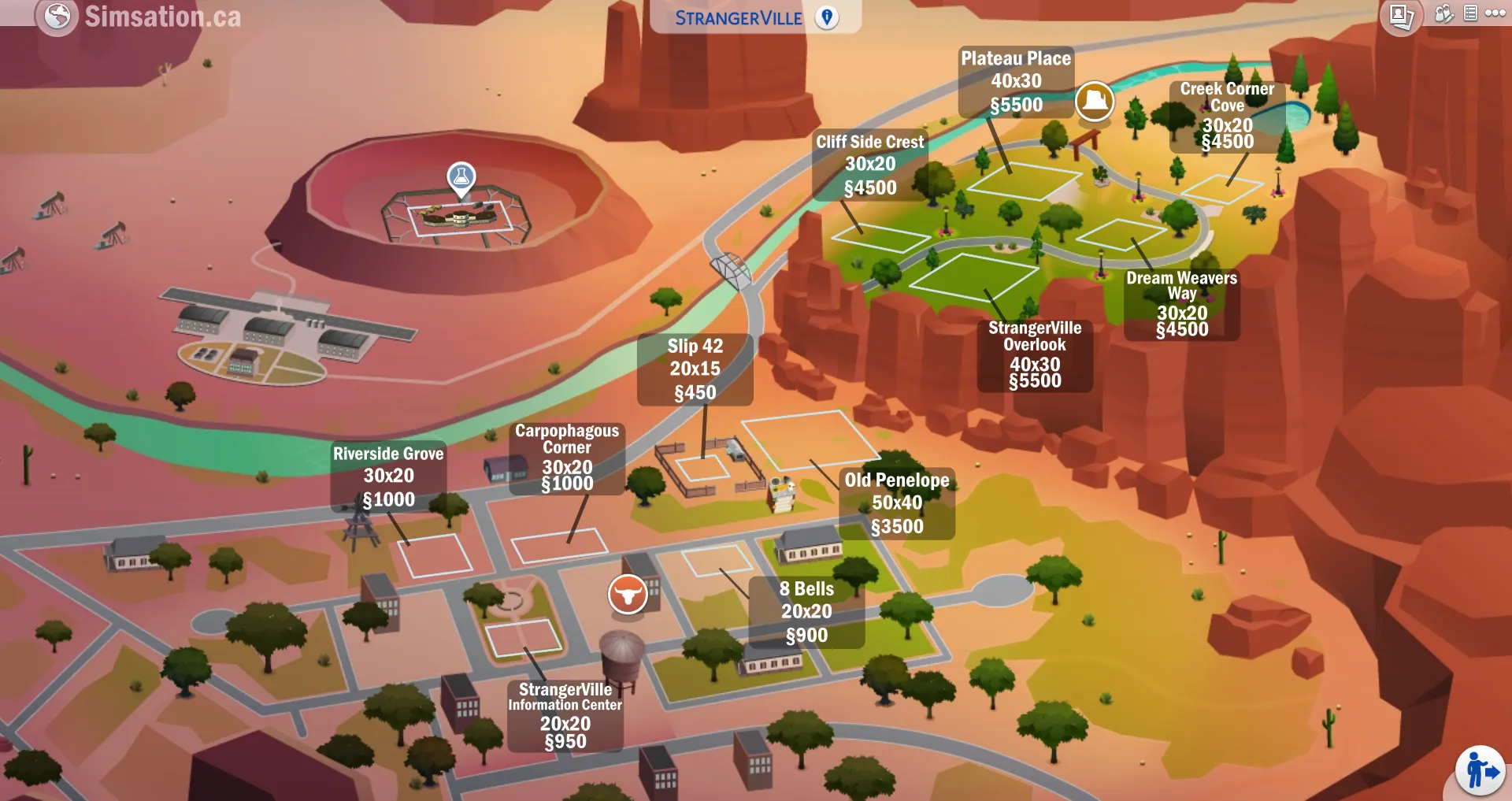 Labelled map of StrangerVille showing bulldozed lots